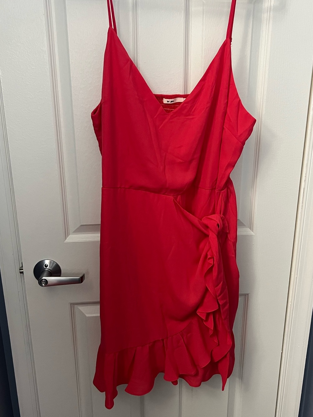 Coral Spaghetti-Strap Ruffle Wrap Dress
